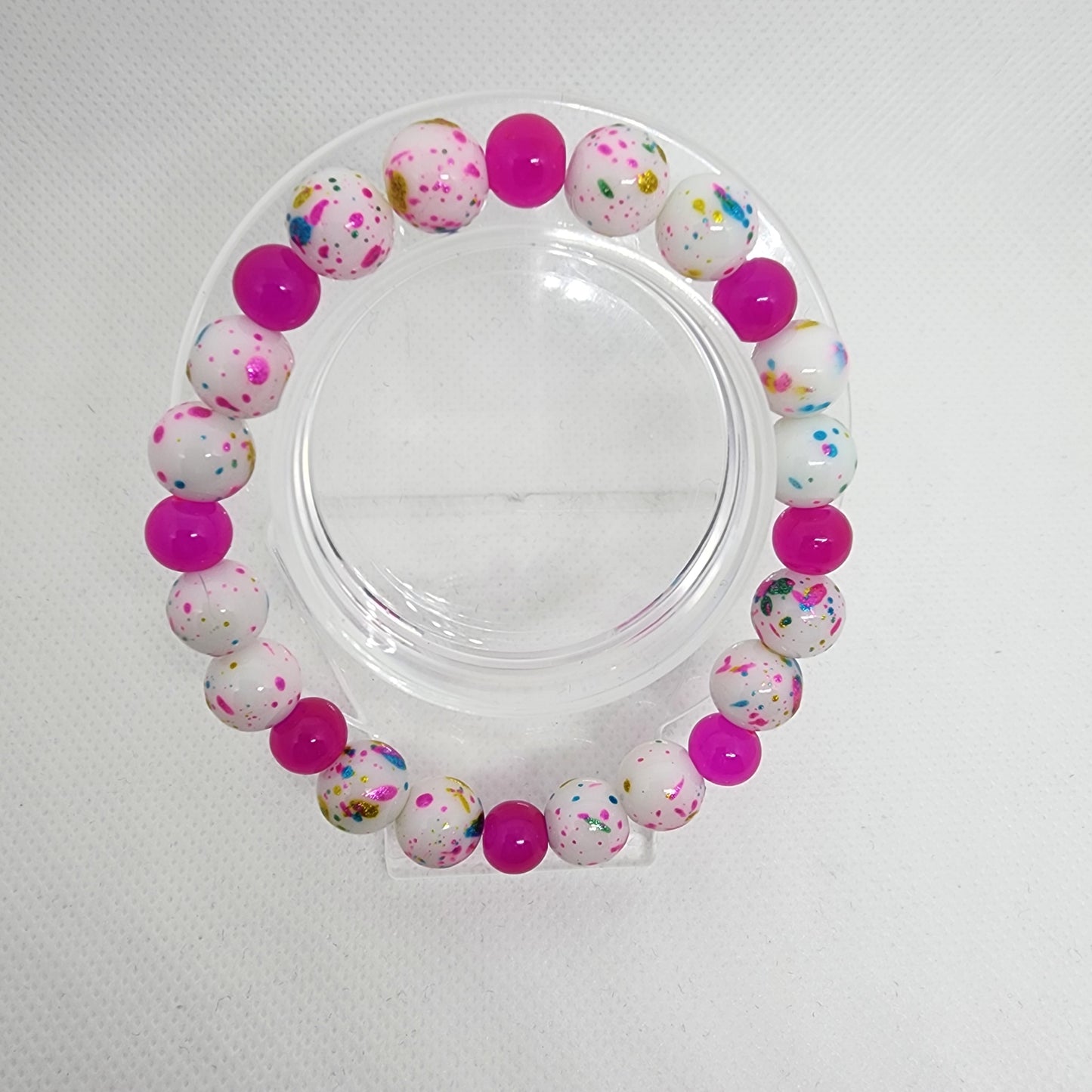 Multicolored Paint Splatter Bracelet With Pink Beads