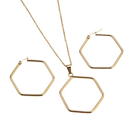 Gold Stainless Steel Hexagonal Necklace and Earrings Set