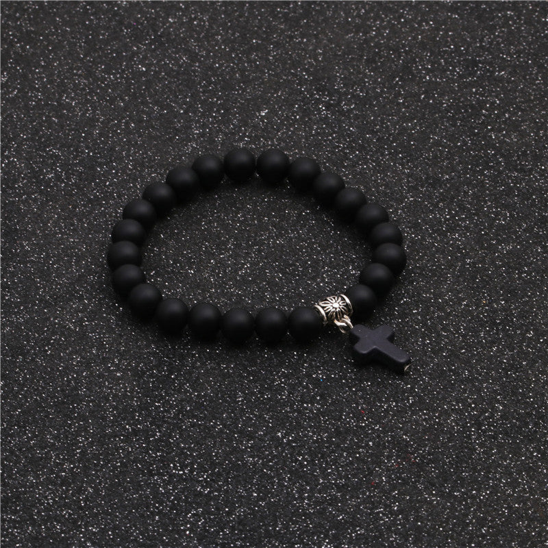 Unisex Black Matte Beaded Bracelet With Cross Pendant