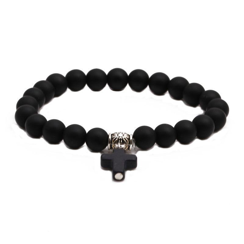 Unisex Black Matte Beaded Bracelet With Cross Pendant