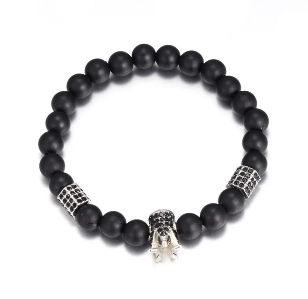 Unisex Black Beaded Crown Inlaid Black Cubic Zirconia Stretch Bracelet