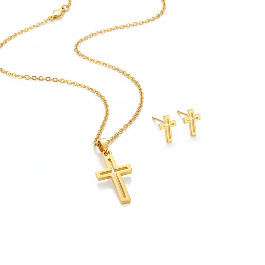 Titanium Steel Hollow Cross Earrings/Necklace Set