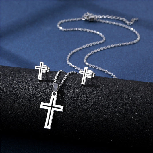 Titanium Steel Hollow Cross Earrings/Necklace Set