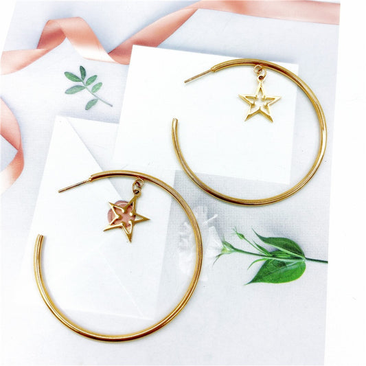 Gold Titanium Steel Hoop Earrings With Star Charm