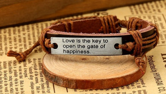 Leather "Love Is The Key To Open The Gate Of Happiness" Bracelet