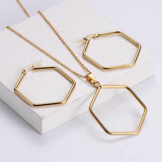 Gold Stainless Steel Hexagonal Necklace and Earrings Set