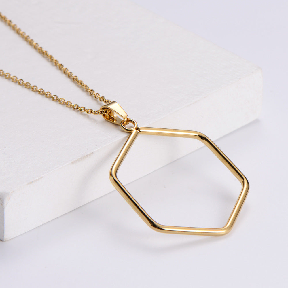 Gold Stainless Steel Hexagonal Necklace and Earrings Set