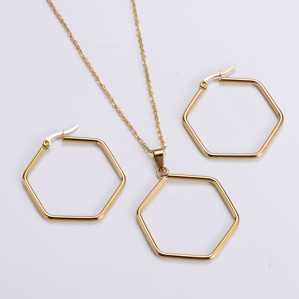 Gold Stainless Steel Hexagonal Necklace and Earrings Set