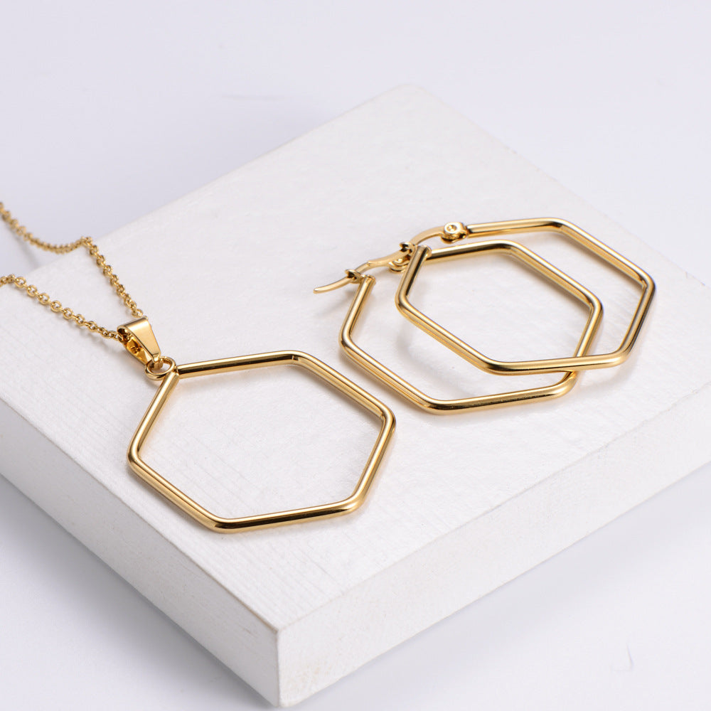 Gold Stainless Steel Hexagonal Necklace and Earrings Set