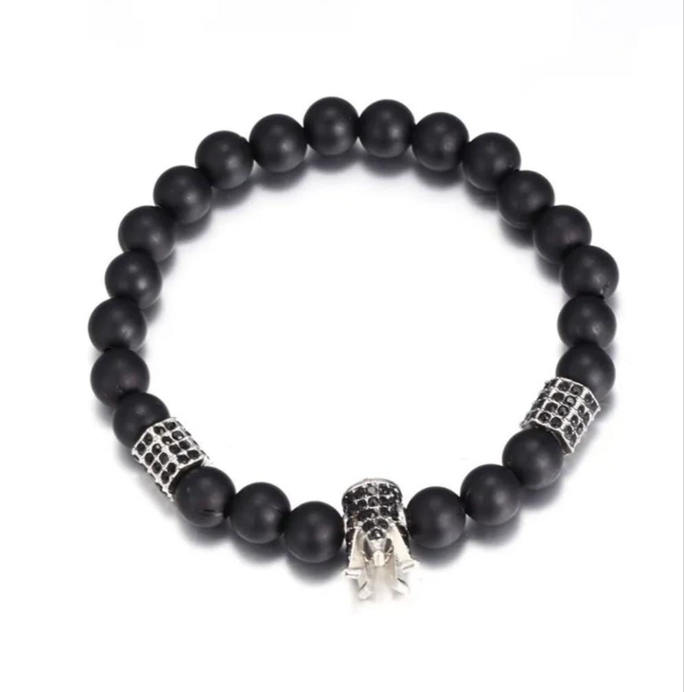 Unisex Black Beaded Crown Inlaid Black Cubic Zirconia Stretch Bracelet