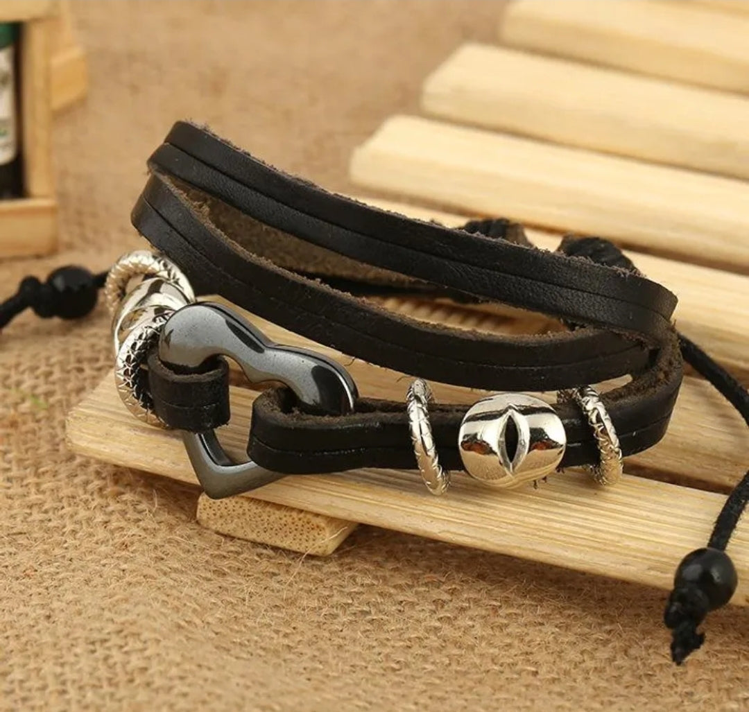 Black Faux Leather Bracelet With Heart Shaped Charm