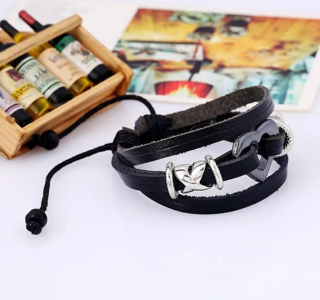 Black Faux Leather Bracelet With Heart Shaped Charm