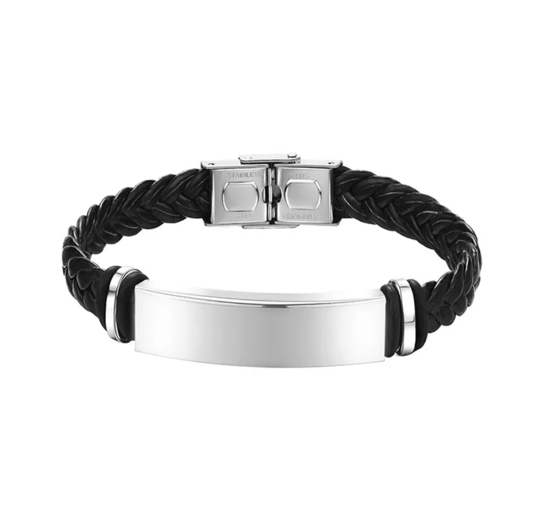 Unisex Black Woven Bracelet With Stainless Steel Plate