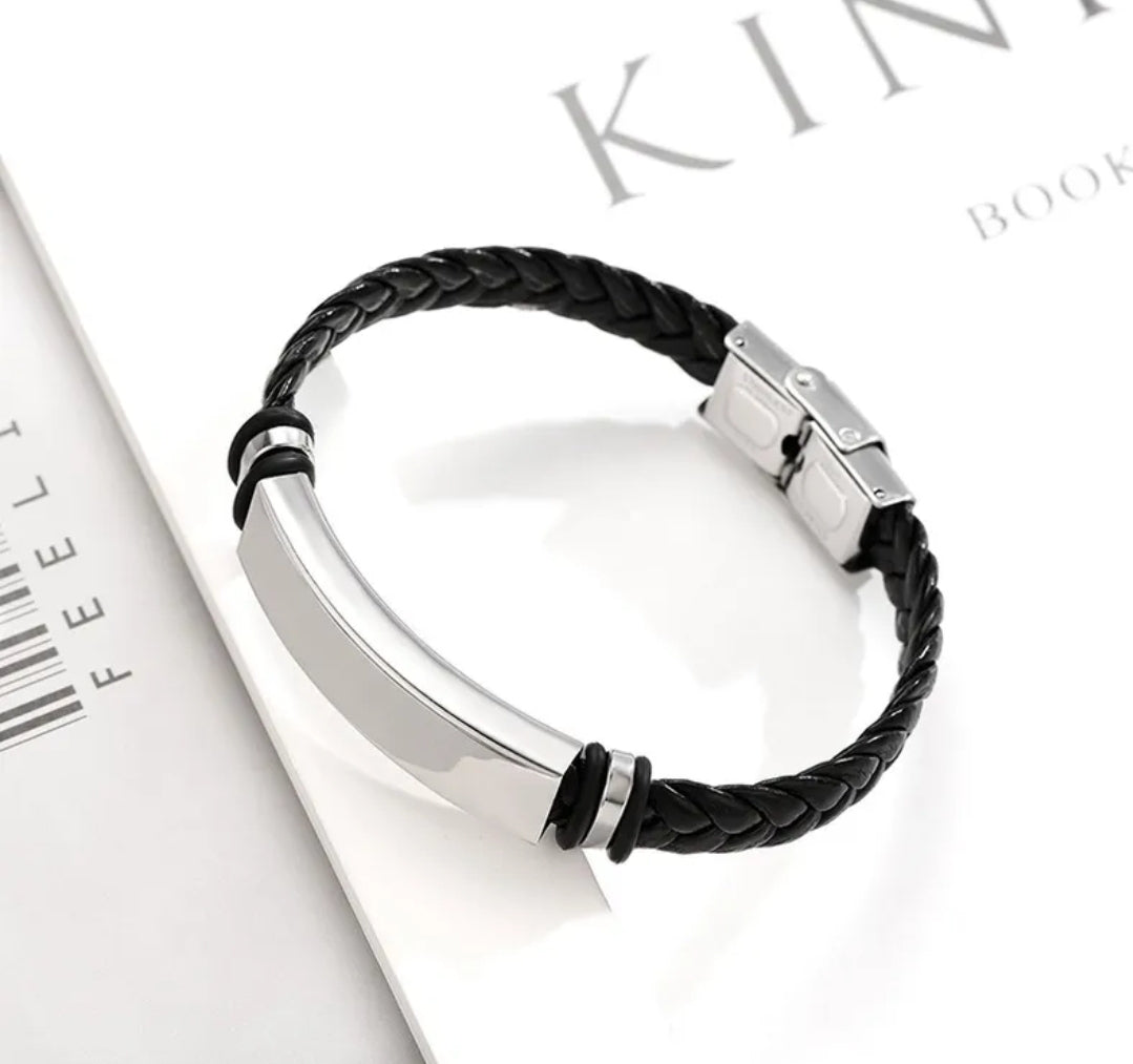 Unisex Black Woven Bracelet With Stainless Steel Plate