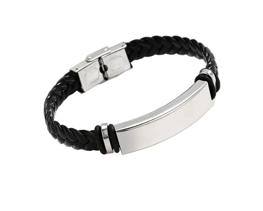 Unisex Black Woven Bracelet With Stainless Steel Plate