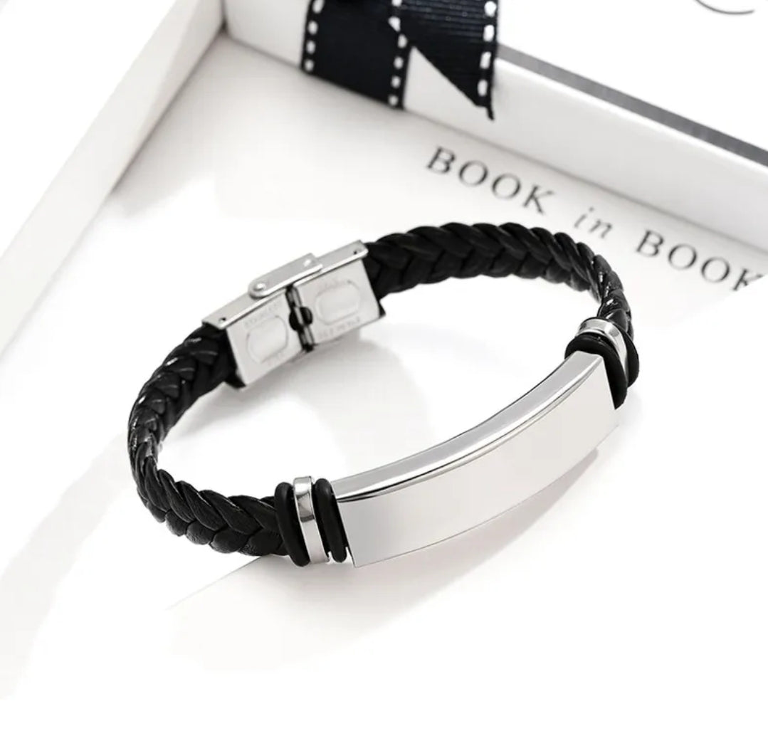 Unisex Black Woven Bracelet With Stainless Steel Plate