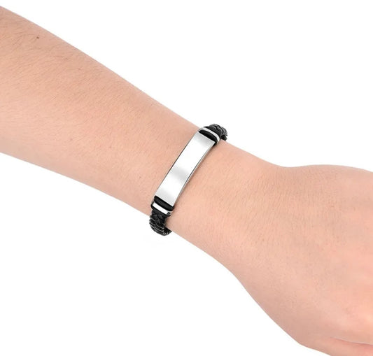 Unisex Black Woven Bracelet With Stainless Steel Plate