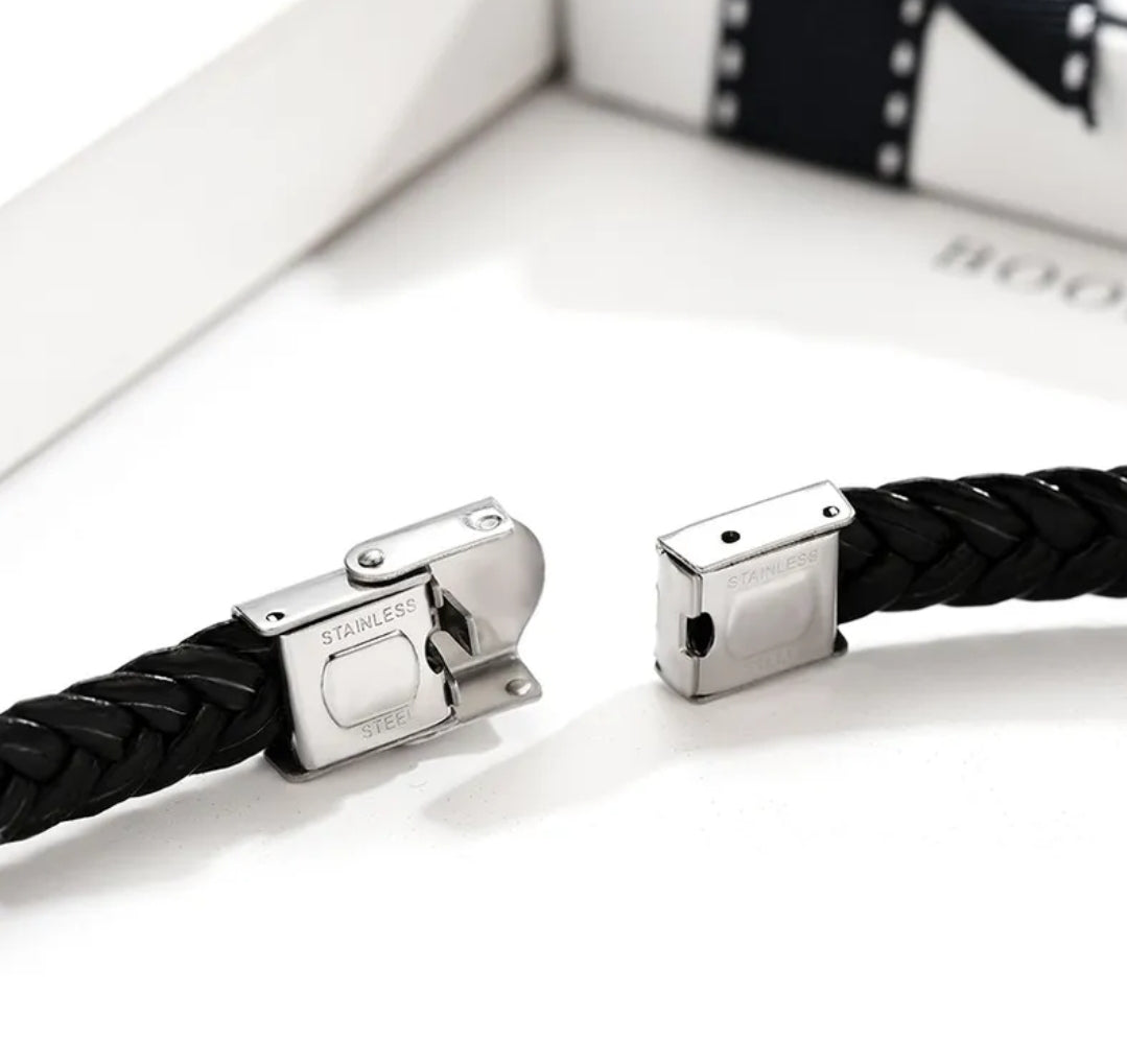 Unisex Black Woven Bracelet With Stainless Steel Plate