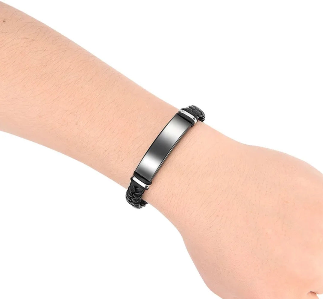 Unisex Black Woven Bracelet With Stainless Steel Plate