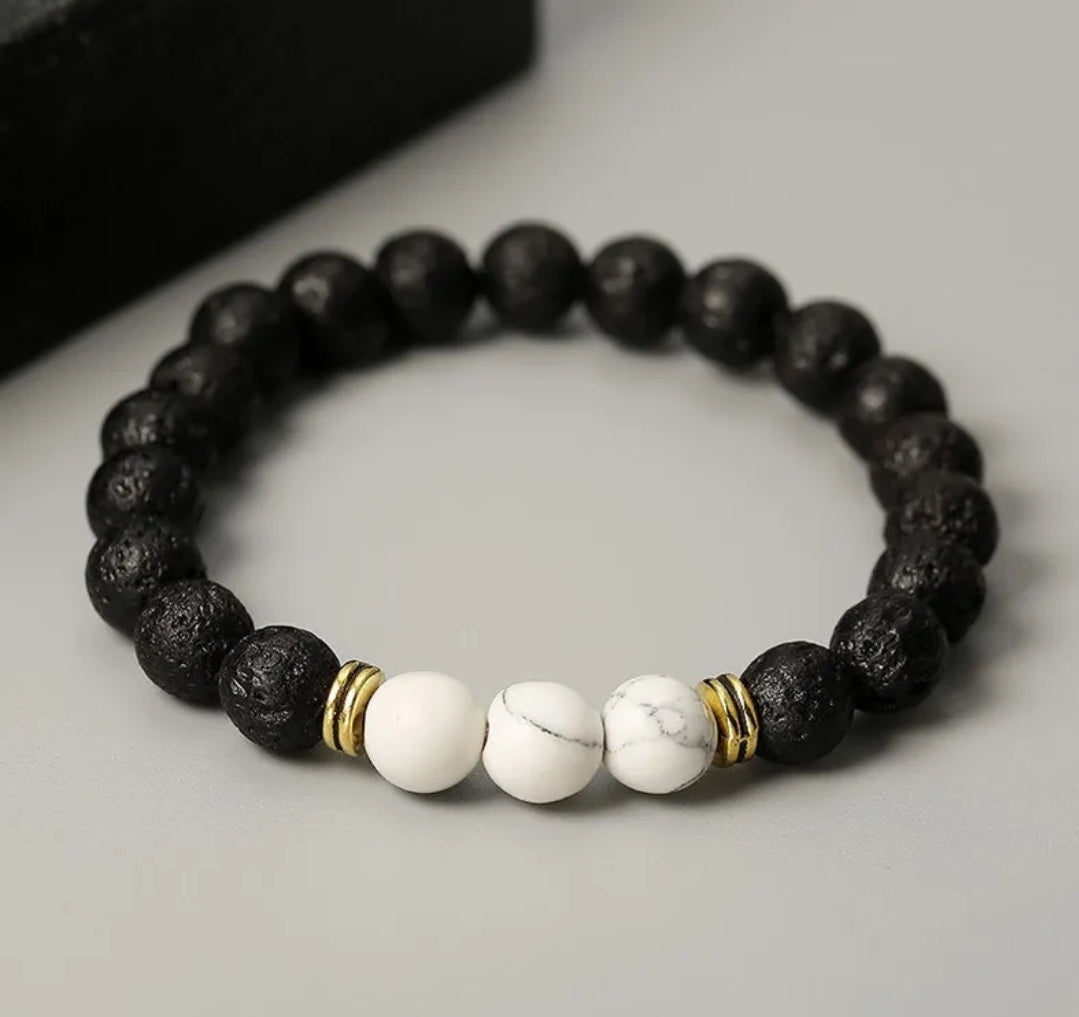 Unisex Ivory Beads With Black Volcanic Lava Stones Stretch Bracelet