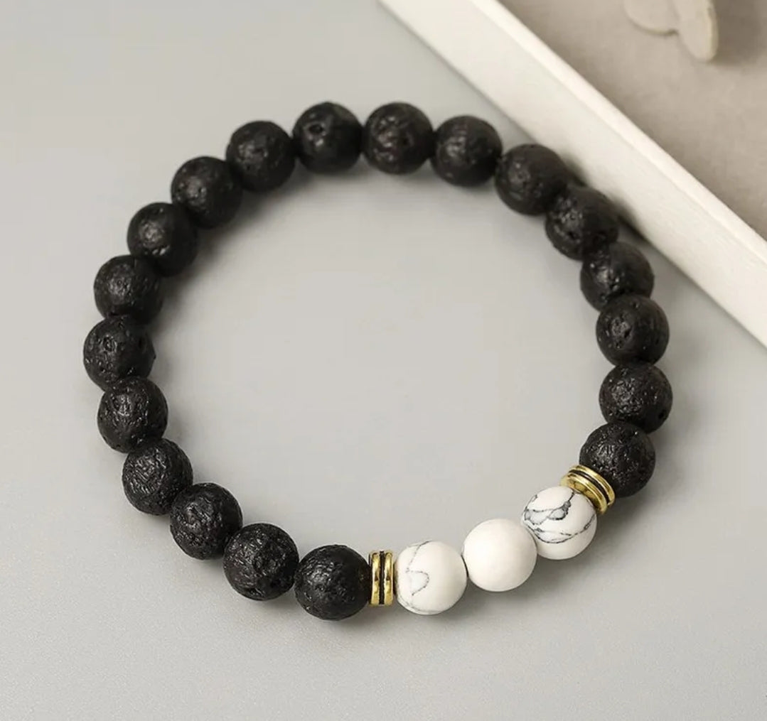 Unisex Ivory Beads With Black Volcanic Lava Stones Stretch Bracelet