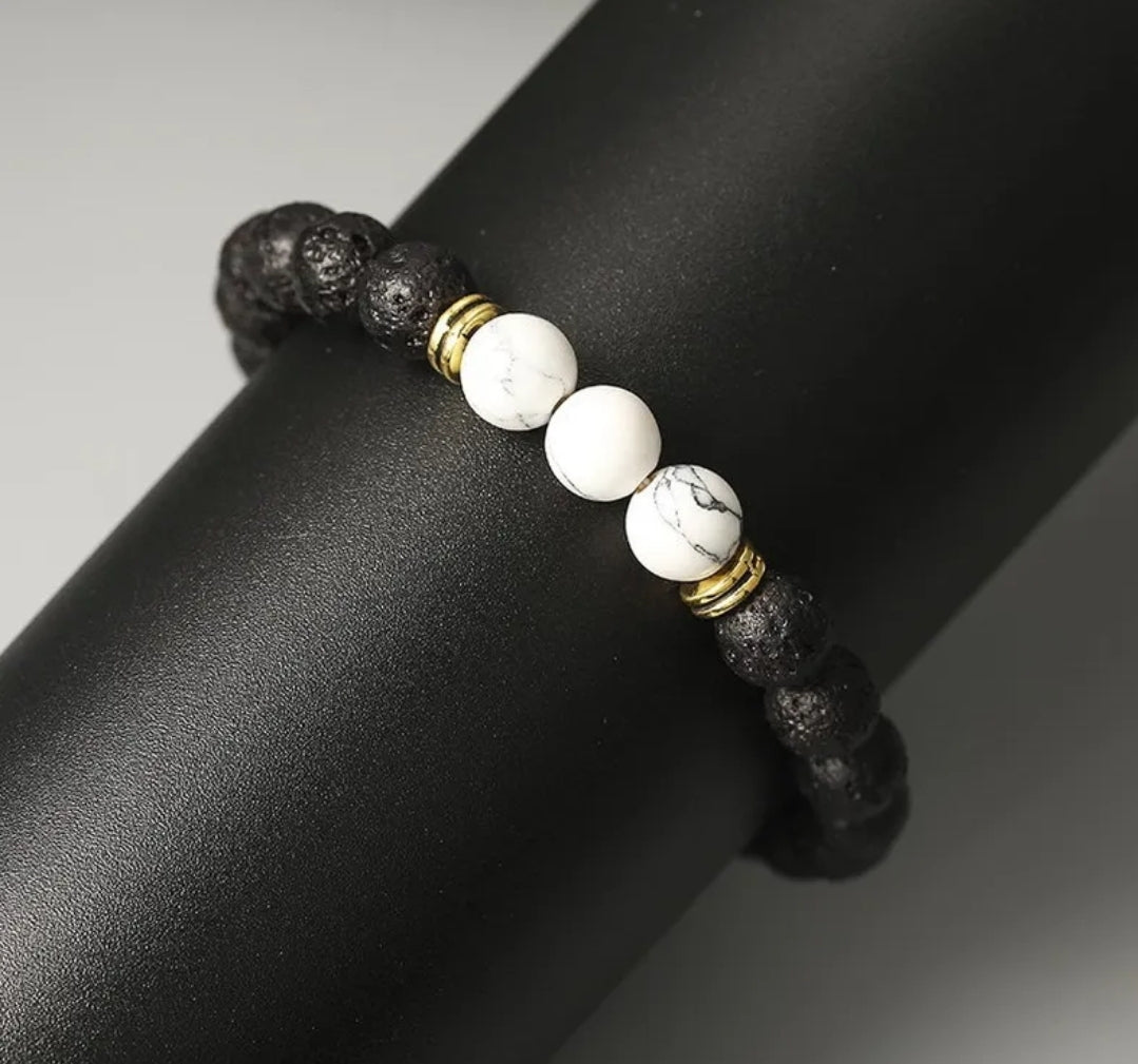 Unisex Ivory Beads With Black Volcanic Lava Stones Stretch Bracelet