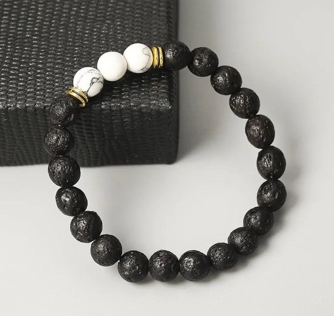 Unisex Ivory Beads With Black Volcanic Lava Stones Stretch Bracelet