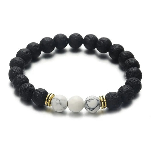 Unisex Ivory Beads With Black Volcanic Lava Stones Stretch Bracelet