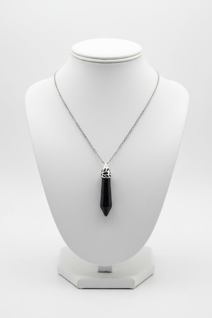 Stainless Steel Black Stone Hexagonal Column Pendant Necklace