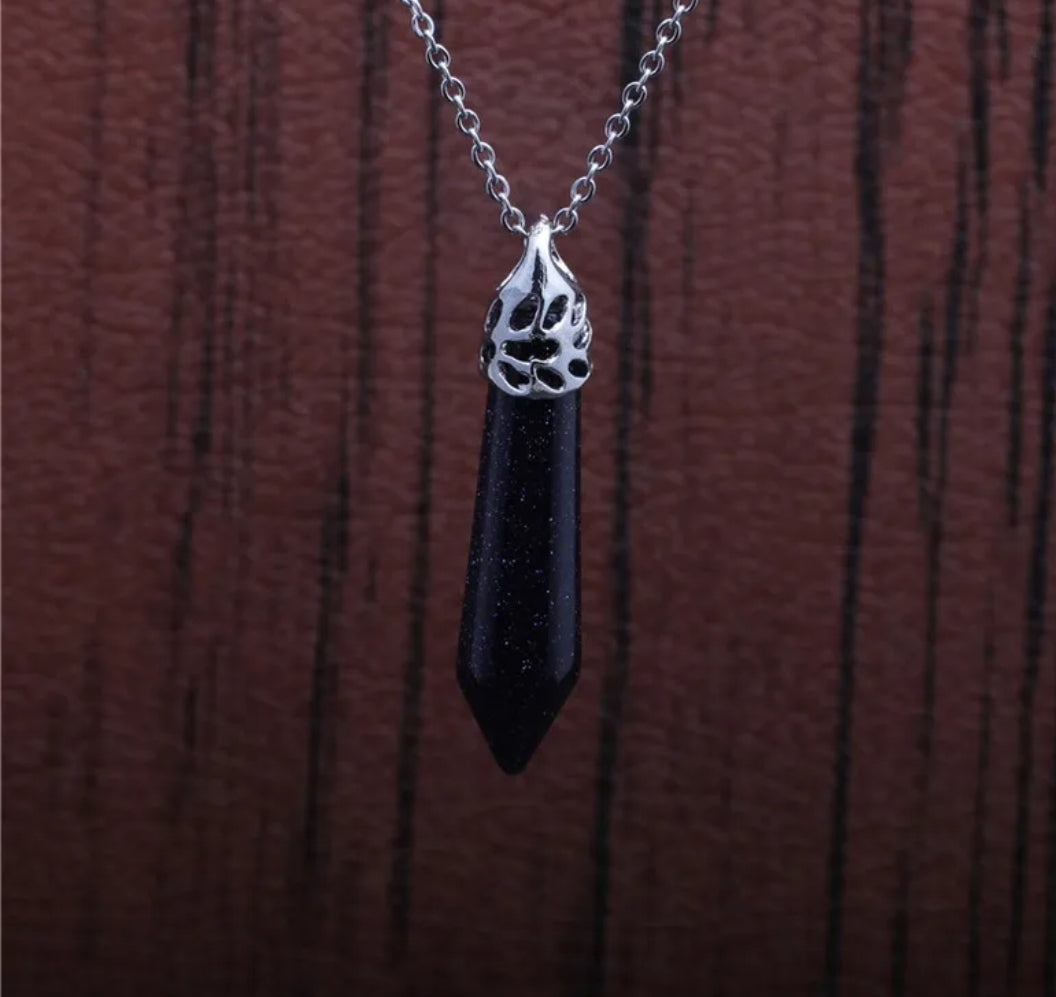 Stainless Steel Black Stone Hexagonal Column Pendant Necklace