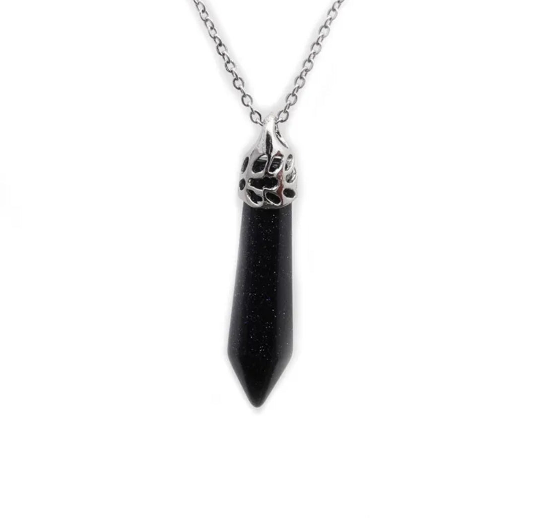 Stainless Steel Black Stone Hexagonal Column Pendant Necklace