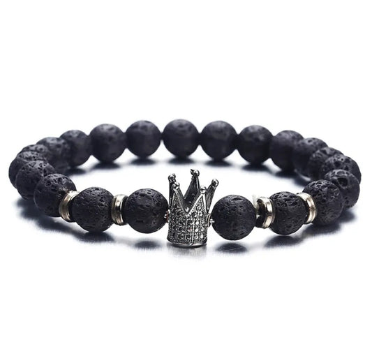 Unisex Black Lava Volcanic Stone Bracelet With Gold Crown Charm