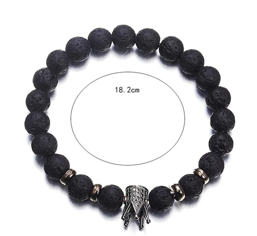 Unisex Black Lava Volcanic Stone Bracelet With Gold Crown Charm