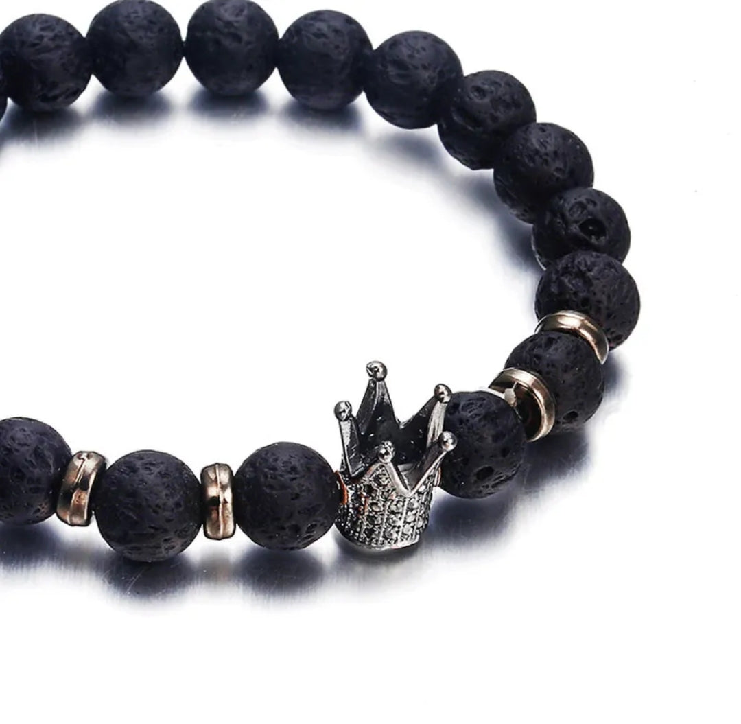 Unisex Black Lava Volcanic Stone Bracelet With Gold Crown Charm